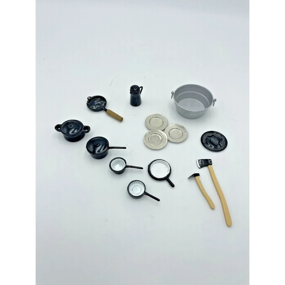 14 Pc Set Miniature‎ Metal Dollhouse Camping Supplies Dishes Pots & Tools